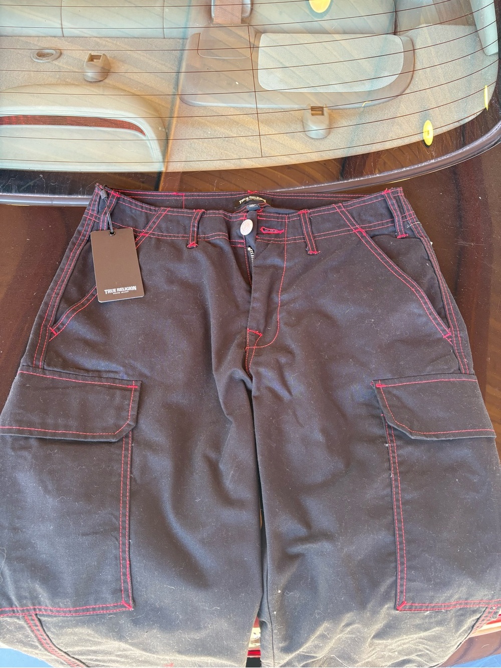 True Religion Black Cargo Pants with Red Stitching